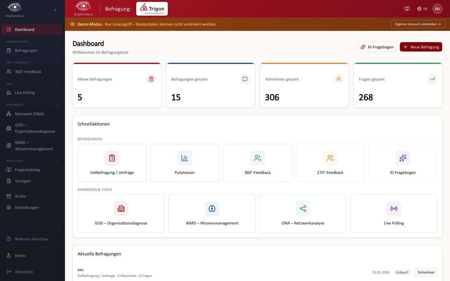 Das Dashboard: Kennzahl-Karten, Schnellaktionen (Befragungen + Diagnosen GOD/WMD/ONA) und aktuelle Projekte