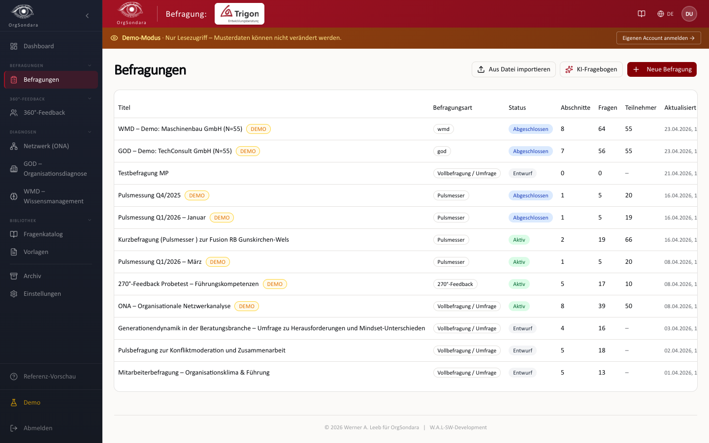 Befragungsliste: alle aktiven Projekte mit Typ, Status, Teilnehmerzahl und Schnellzugriff