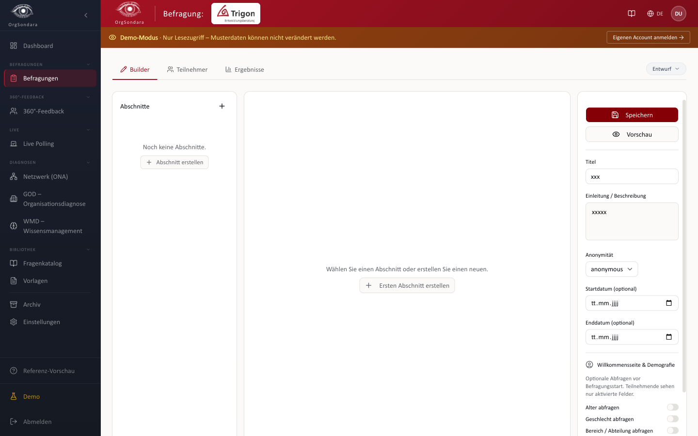 Survey Builder: Datenschutz-Panel (Art. 13) im rechten Einstellungsbereich – Pflichtfelder ausfüllen, Vorlage laden, Text editieren