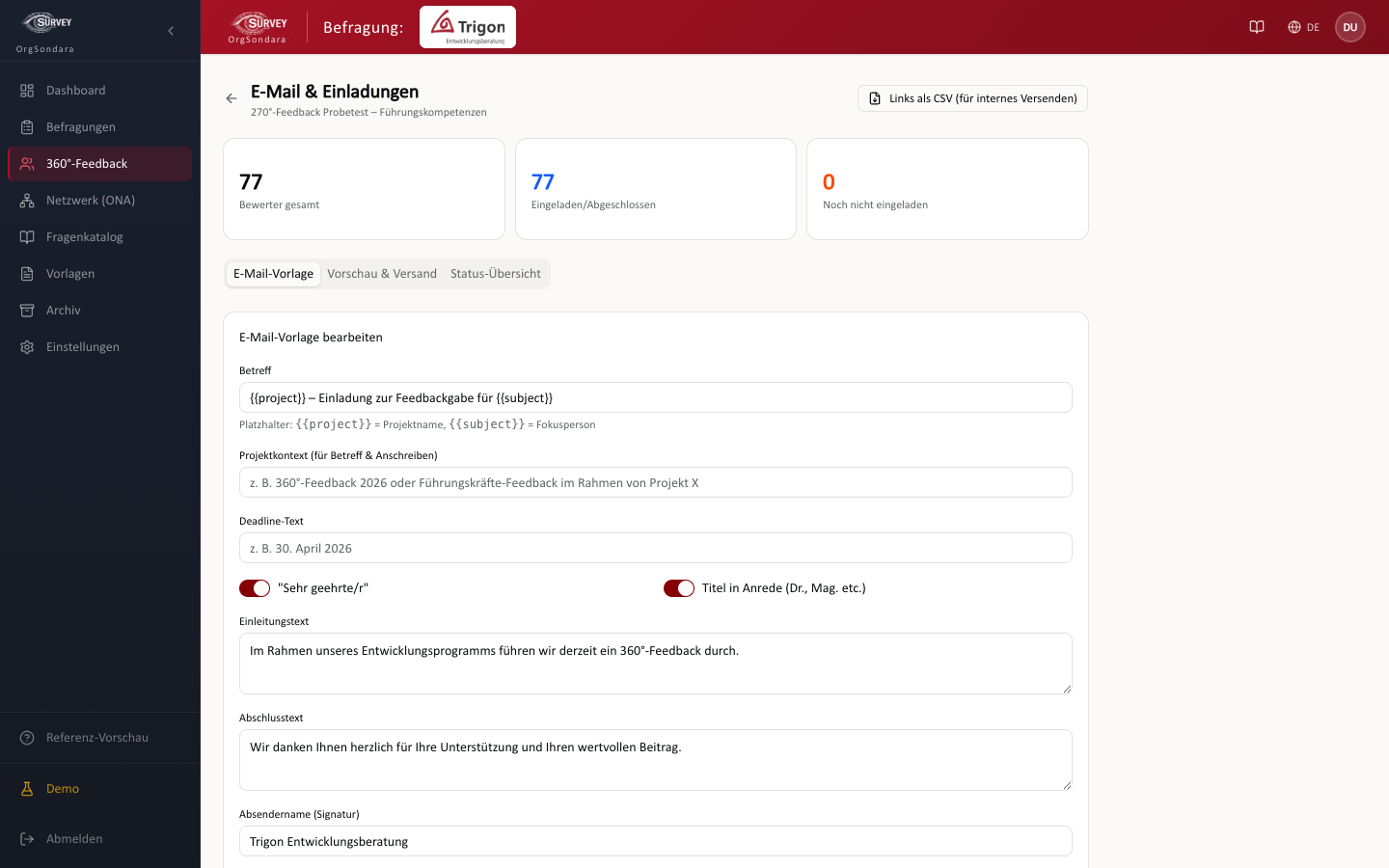 E-Mail-Template-Editor: Betreff und Text anpassen, Platzhalter verwenden, dann Versand starten