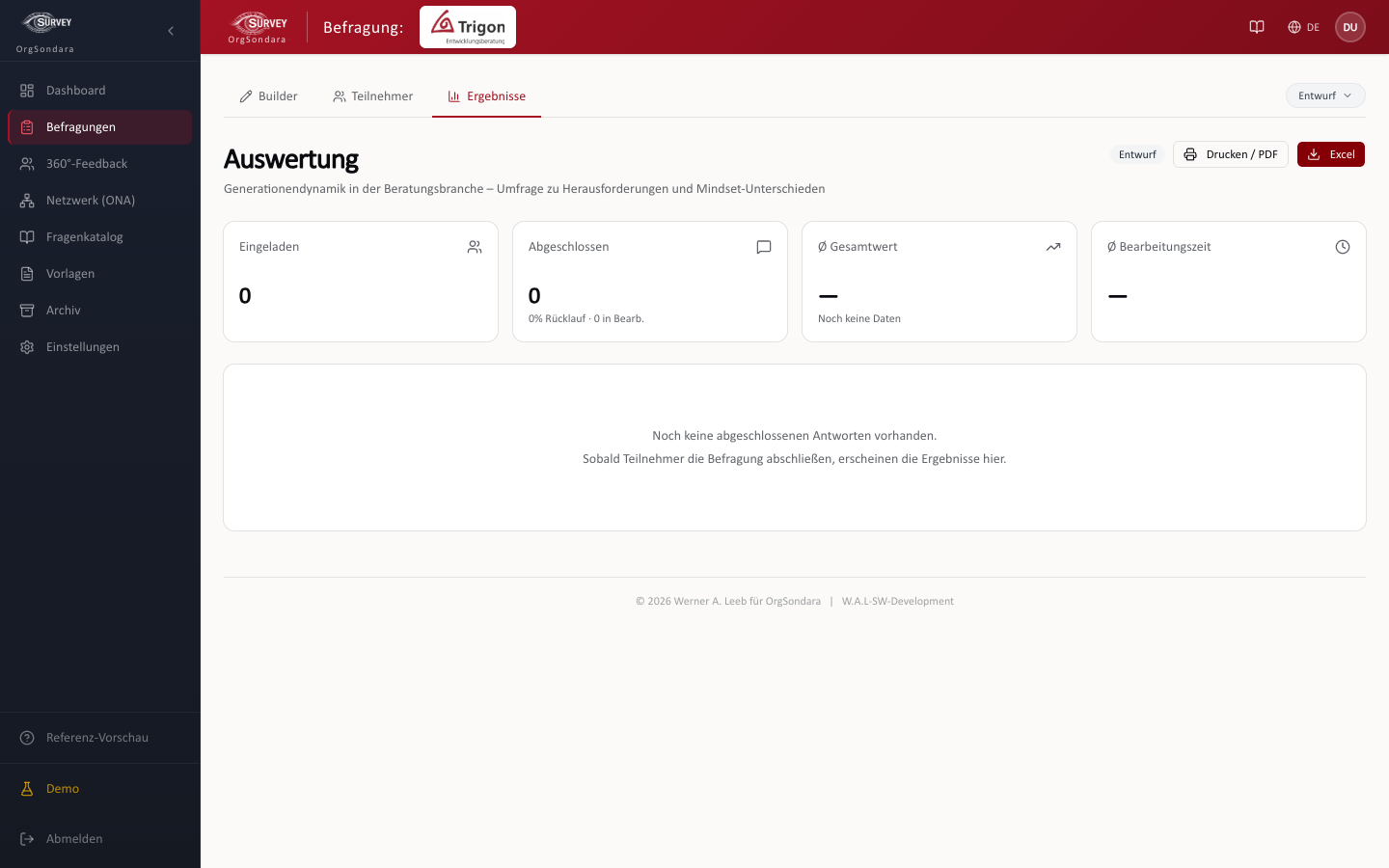 Ergebnisseite einer Standard-Befragung: Rücklaufquote, Ø-Gesamtwert, Abschnitts-Übersicht mit Balkendiagrammen und Tab-Navigation je Abschnitt