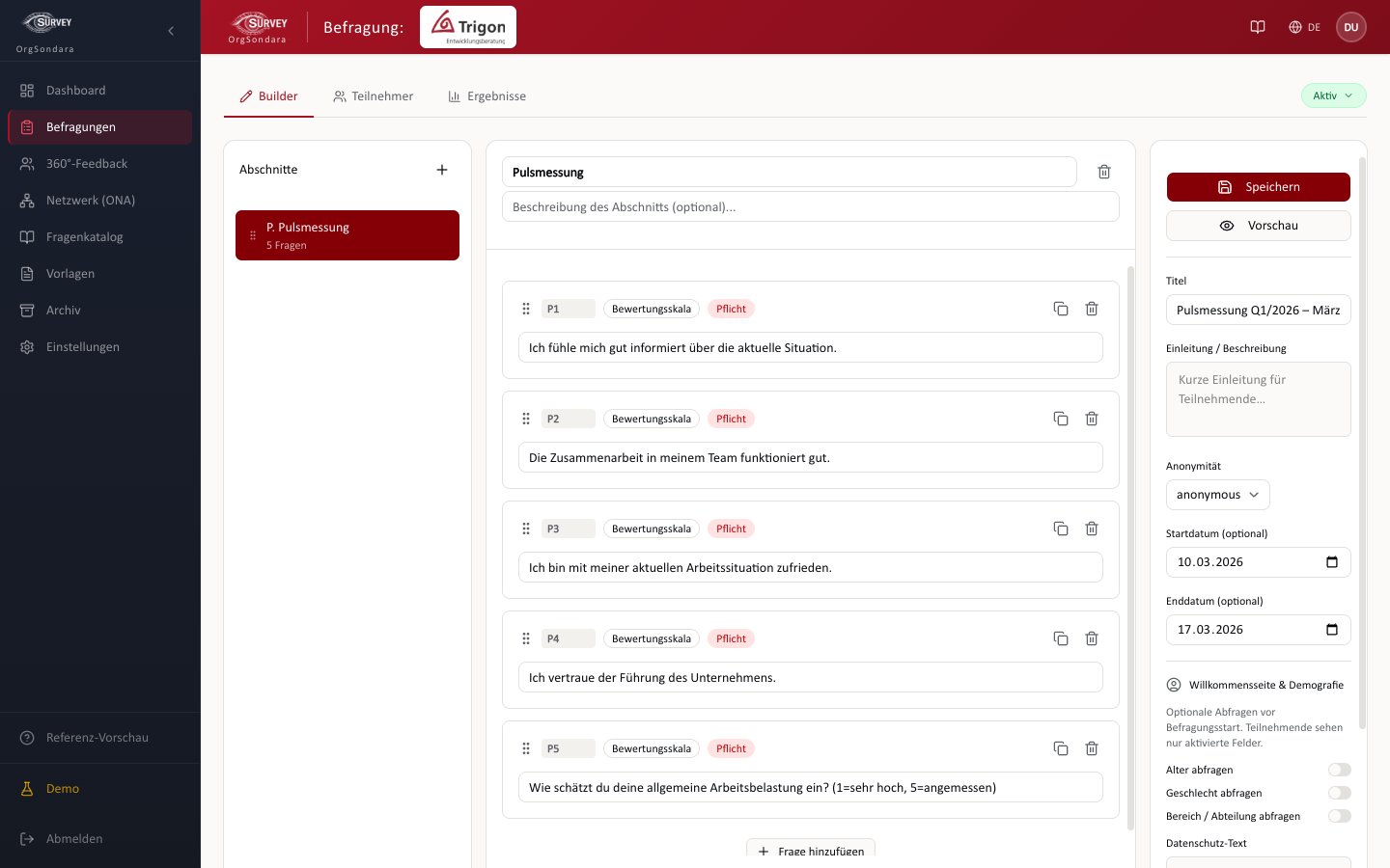 Fragebogen-Editor: Items aus dem Trigon-Pool wählen, eigene Fragen hinzufügen, SOLL-Korridor definieren