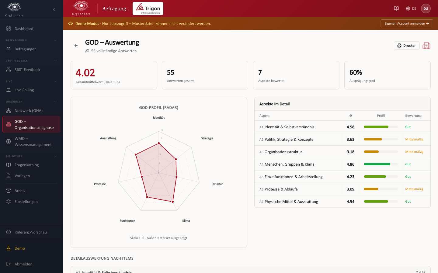 GOD-Auswertung: Radar-Chart mit den 7 Aspekten, Gesamtkennzahlen und Dimensionstabelle (Demo: TechConsult AG, N=55)
